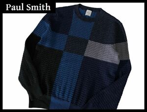 送料無料 使用感の少ない美品 名作 Paul Smith ポールスミス ハイゲージ マルチカラー パネル デザイン ケーブル ウール ニット セーター M