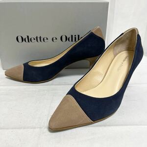 和280★ 箱付き Odette e Odile パンプス ヒール スエードレザー 日本製 23 ネイビー ベージュ レディース オデットエオディール