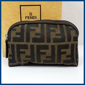 ★FENDI/フェンディ ズッカ柄 ミニポーチ/ダークブラウン/ジャガード/小物入れ/若干難あり&1320400216