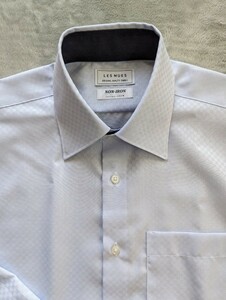 美品 LES MUES 地模様 ブルー ワイシャツ S 37-82 NON IRON 綿100％入学式 成人式 結婚式 セレモニーにも 長袖シャツ AOKI