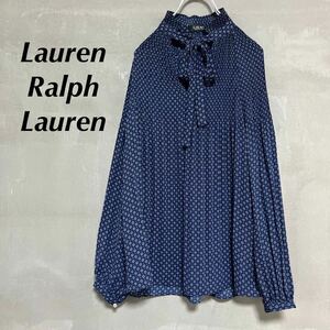 美品　ラルフローレン　レディース　LAUREN RALPH LAUREN ボウタイブラウス　ネイビー　チュニック　リボンシャツ 長袖シャツ　66HF MM