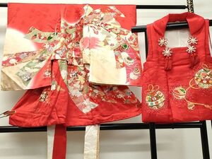 平和屋着物■七五三　女の子　3歳　祝着・被布セット　束ね熨斗飛鶴草花文　金彩　逸品　DAAH2991ud