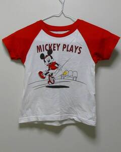 (KT-11) 現品限り キッズ 子供服 古着 ミッキーマウス 半袖 赤 白 Ｔシャツ サイズ 100 MICKEY PLAYS used ～カッコイイ～