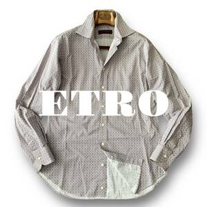 A16 極美品 爽やかなマイクロペイズリー！定価8万 XLぐらい 42『エトロ ETRO』イタリアンコットン 長袖 シャツ 総柄 アートのような逸品！