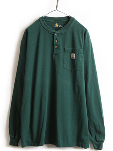 ■ カーハート ヘンリーネック ポケット付き 長袖 Tシャツ ( メンズ L ) 古着 CARHARTT 長袖Tシャツ ロンT ポケT ヘビーウェイト グリーン