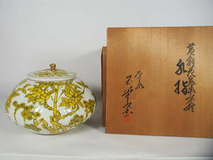 玉堂窯 黄彩 金彩 花鳥画 蜜柑 水指 在銘 共箱 茶道具 S-67