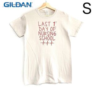 輸入古着 GILDAN ギルダン カレッジ Tシャツ 看護師学校 心電図 スモーキーホワイト