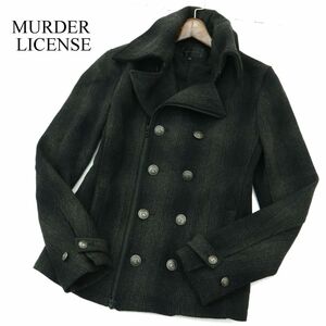 MURDER LICENSE マーダーライセンス 襟ワイヤー★ ウール チェック ジップ ライダース Pコート ジャケット Sz.46　メンズ　A3T14446_C#N