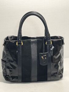 A18■ 美品 FURLA フルラ トートバッグ 黒 本革 xスエードxエナメル革