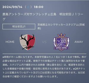 2024/09/14(土) 18時キックオフ　鹿島アントラーズ対サンフレッチェ広島　イーストゾーン自由席　1枚　招待チケット　招待　①