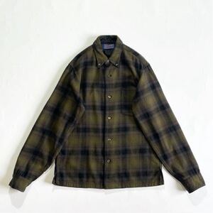 良好☆60s USA製 PENDLETON オンブレチェック ウールシャツ XL 深緑 黒 紺 ビンテージ ペンドルトン ボタンダウン カーキ オリーブ