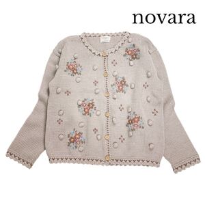 11T335☆ novara ナルミヤ ノバラ ウール100% ハンドニット 花柄刺繍 ニット 長袖 カーディガン 秋冬 羽織り 可愛いデザインです◎ M