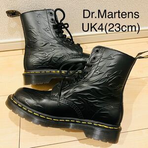 【未使用に近い】Dr.Martens ドクターマーチン 8ホールブーツ 炎柄 ファイヤー FLAMES ブラック 黒 1460 新品に近い 美品