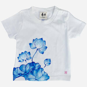 キッズ Tシャツ 130サイズ ホワイト 蓮柄Tシャツ 手描きで描いた蓮の花柄Tシャツ 半袖 和柄 和風 レトロ ハンドメイド