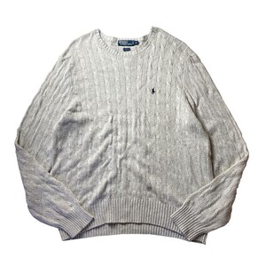 超高級! 90s POLO Ralph Lauren ラルフローレン ロゴ刺繍 ケーブル編み シルク 100% ニット セーター グレー XL 大きいサイズ メンズ 希少