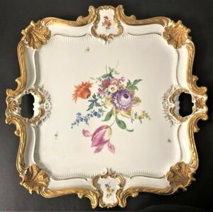 オリジナル マイセン スクエアヘビー金ぴか花蝶装飾トレイ Meissen antique