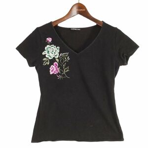 VIVIENNE TAM ヴィヴィアンタム 春夏 半袖 Vネック 花柄 刺繍★ カットソー Tシャツ Sz.S-M位　レディース 黒　E4T01167_6#A