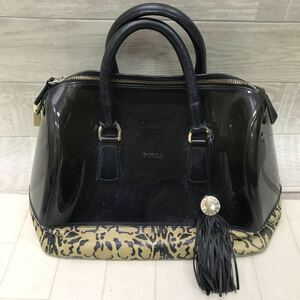 保管品 中古 FURLA フルラ キャンディバッグ ラバー レオパード ハンドバッグ ミニボストンバッグ ベージュ系×ブラック 現状品