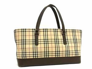 1円 BURBERRY バーバリー ノバチェック キャンバス×レザー トートバッグ ショルダーバッグ 肩掛けかばん ベージュ系×ブラウン系 BK3903