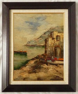 ヨーロッパ絵画 肉筆油絵 F6号 コルシニ作「ナポリの港」11＋新品額縁付
