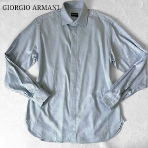 極美品 最高級 黒ラベル ジョルジオアルマーニ ドレスシャツ 41/XL ビジネス 長袖 コットン 総柄 チェック 比翼 青 ブルー GIORGIOARMANI