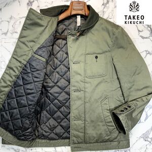 美品/N-1型 3(L)●TAKEO KIKUCHI タケオキクチ デッキジャケット 牛革 レザー コート ビジネス キルティング カーキ 緑 ミリタリー メンズ