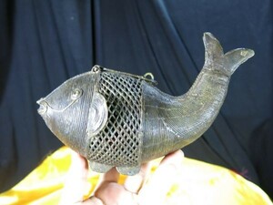 A　インド古銅魚形容器　19世紀　珍品　金工　怪魚　文化財 マツヤ　ヴィシュヌ第一の化身　Matsya ／ガンダーラ 金銅 鍍金 象嵌 舎利器