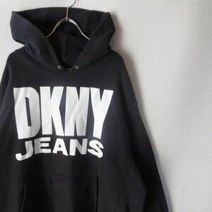 ○90s DKNY ダナキャラン◆スウェット パーカー ロゴプリント トレーナー プリント 90年代 ヴィンテージ◆メンズ ブラック XLサイズ相当