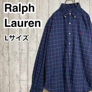 ☆送料無料☆ アメカジ Ralph Lauren ラルフローレン 長袖シャツ Lサイズ ネイビー レッドポニー ビッグサイズ 22-142