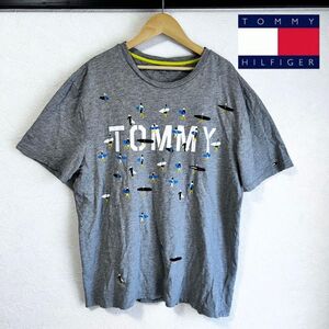 トミーヒルフィガー 半袖Tシャツ メンズL グレー サーフィン柄 刺繍ロゴ美品