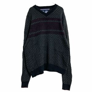 TOMMY HILFIGER コットン混 ニット セーター XL ブラック グレー ワイン トミーヒルフィガー Vネック 古着卸 アメリカ仕入 a608-6338