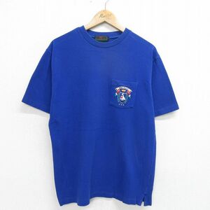 L/古着 アバクロンビー 半袖 ビンテージ Tシャツ メンズ 80s ロイヤルヘンリー 胸ポケット付き 鹿の子 コットン クルーネック 青 ブルー sp