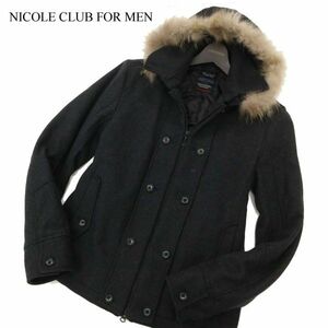 NICOLE CLUB FOR MEN ニコルクラブ フォーメン リアルファー★ ウール フーディー 中綿 ジップ コート Sz.48　メンズ グレー　C4T00243_1#N