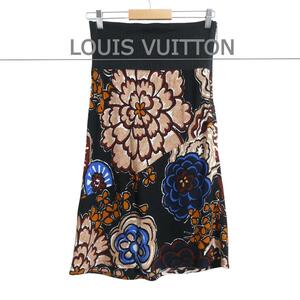 美品 LOUIS VUITTON ルイヴィトン サイズ38 シルク100％ 花柄 総柄 ロング ミモレ イージースカート ロングスカート 黒 ブラック