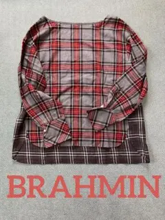 BRAHMIN 切り替えチェック柄パールボタン袖口長袖トップス