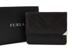 E24666 新品未使用 FURLA フルラ 三つ折り レザー 財布 ウォレット 箱付き ダークブラウン×シルバー 茶 イタリア製