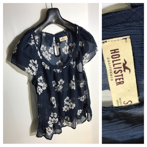 HOLLISTER CALIFORNIA ホリスター 花柄 アロハ デザイン ゆる首 リボンデザイン 半袖 フレア フリル カットソー シャツ S ネイビー 紺