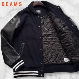 美品/希少XL◎BEAMS HEART ビームスハート スタジャン 袖レザー切替 ジャケット ブルゾン ウール キルティング カモフラ柄 迷彩 ネイビー