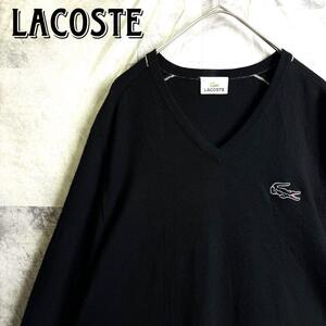 美品 ラコステ LACOSTE オールブラック ウール Vネック ニットセーター 大きめ刺繍ロゴ ブラック 黒 サイズ5