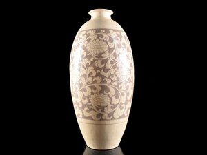 【雲】某有名収集家放出品 中国古玩 白釉花唐草刻大花瓶 飾壺 高さ48cm 古美術品(磁州窯骨宗時代)AY2780 UT2sf4f