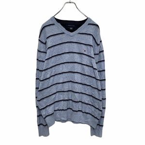 TOMMY HILFIGER コットン ニット セーター M ブルー ブラック ボーダー トミーヒルフィガー ロゴ 古着卸 アメリカ仕入 a502-5065