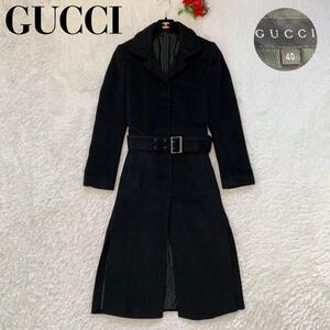 【極美品】グッチ GUCCI マキシ丈 ロングコート カシミヤ混 ネイビー 紺色 ベルト付 サイズL レディース ビジネス フォーマル