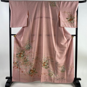 訪問着 身丈165cm 裄丈68cm L 袷 花籠 雲文 金彩 ピンク 正絹 美品 秀品 【中古】