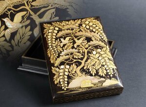 時代漆美術 花鳥蒔絵螺鈿細工七宝文 硯箱 / 時代漆器 金蒔絵 書道具