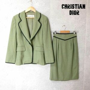 良品 綺麗 Christian Dior クリスチャンディオール サイズ7 シングル 1B テーラードジャケット ロングスカート セットアップ スーツ 緑