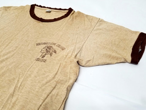 70s USA製 ARTEX 茶色杢 インディアン 染み込みプリント リンガーTシャツ L 70年代 アメリカ製 アメリカ古着 アメカジ ビンテージ ブラウン