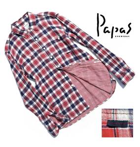 名作【定価2.5万】Papas+ パパス プラス ダブルガーゼ 長袖シャツ L チェック ロゴタブ 送料520円 メンズ【着心地抜群の一枚】日本製