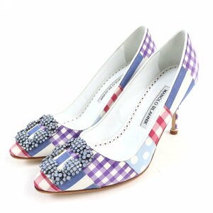 美品☆MANOLO BLAHNIK マノロブラニク ハンギシ パッチワーク パンプス マルチカラー 35.5 箱・保存袋付き イタリア製 レディース