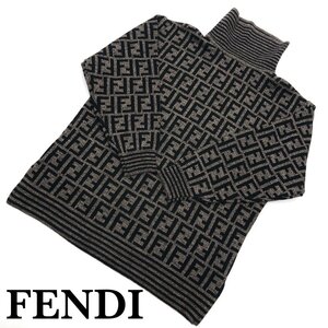 美品 FENDI フェンディ ズッカ柄 切替 タートルネック ニット セーター プルオーバー FFロゴ ウール 黒/茶系 ボーダー 正規品 最落無