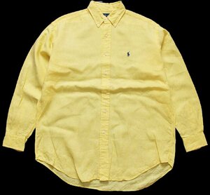 ★90s ラルフローレン BLAKE ワンポイント ボタンダウン リネンシャツ 黄★オールド ロゴ刺繍 無地 イエロー オーバーサイズ ビッグサイズ